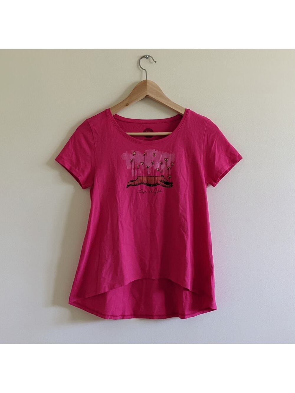 Life Is Good SzXL/12/14 Pink Tee Bear Butterflies Short Sleeve T Shirt High Low